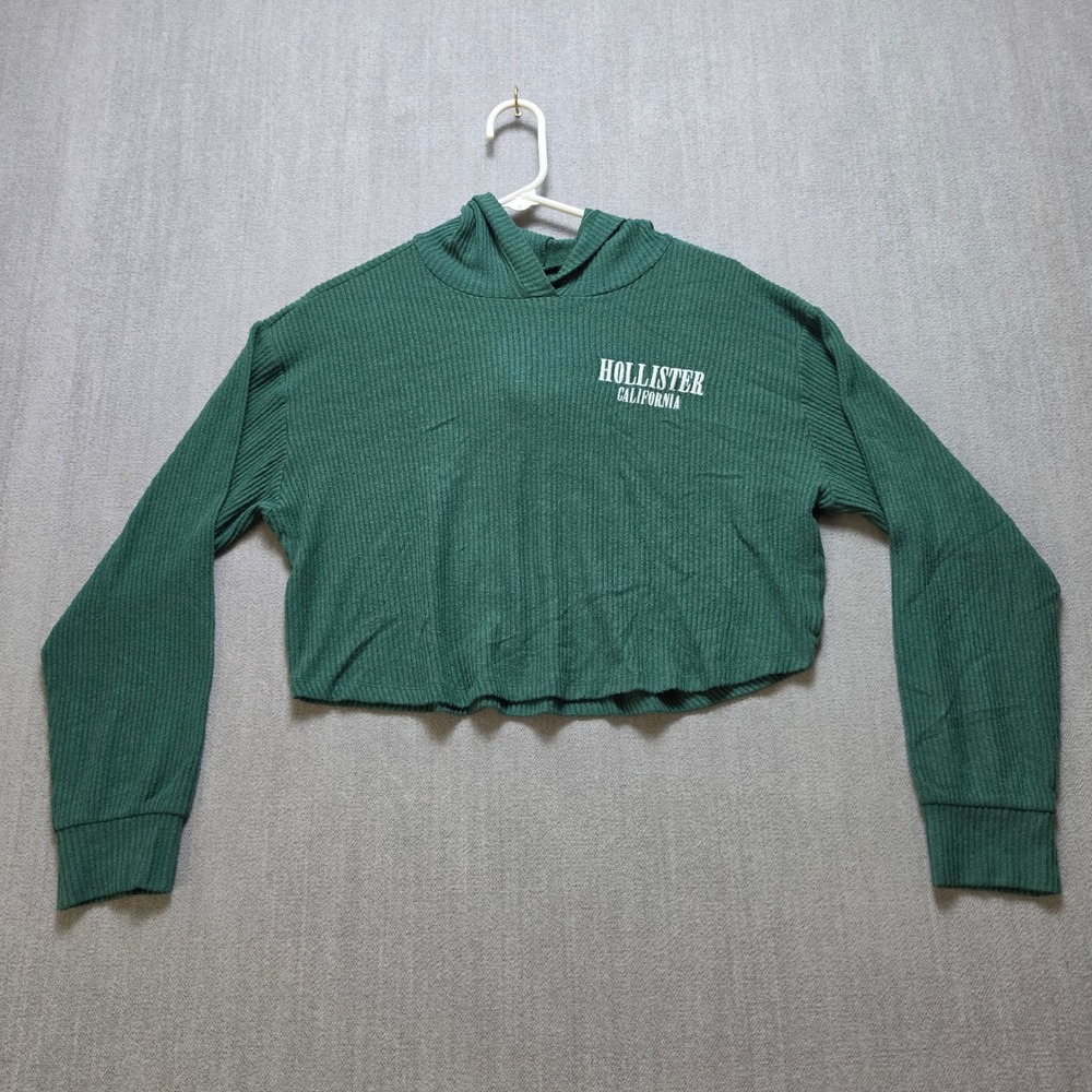 Hollister Cropped Hoodie Women XS Green Ribbed Knit Embroidered Logo Y2K